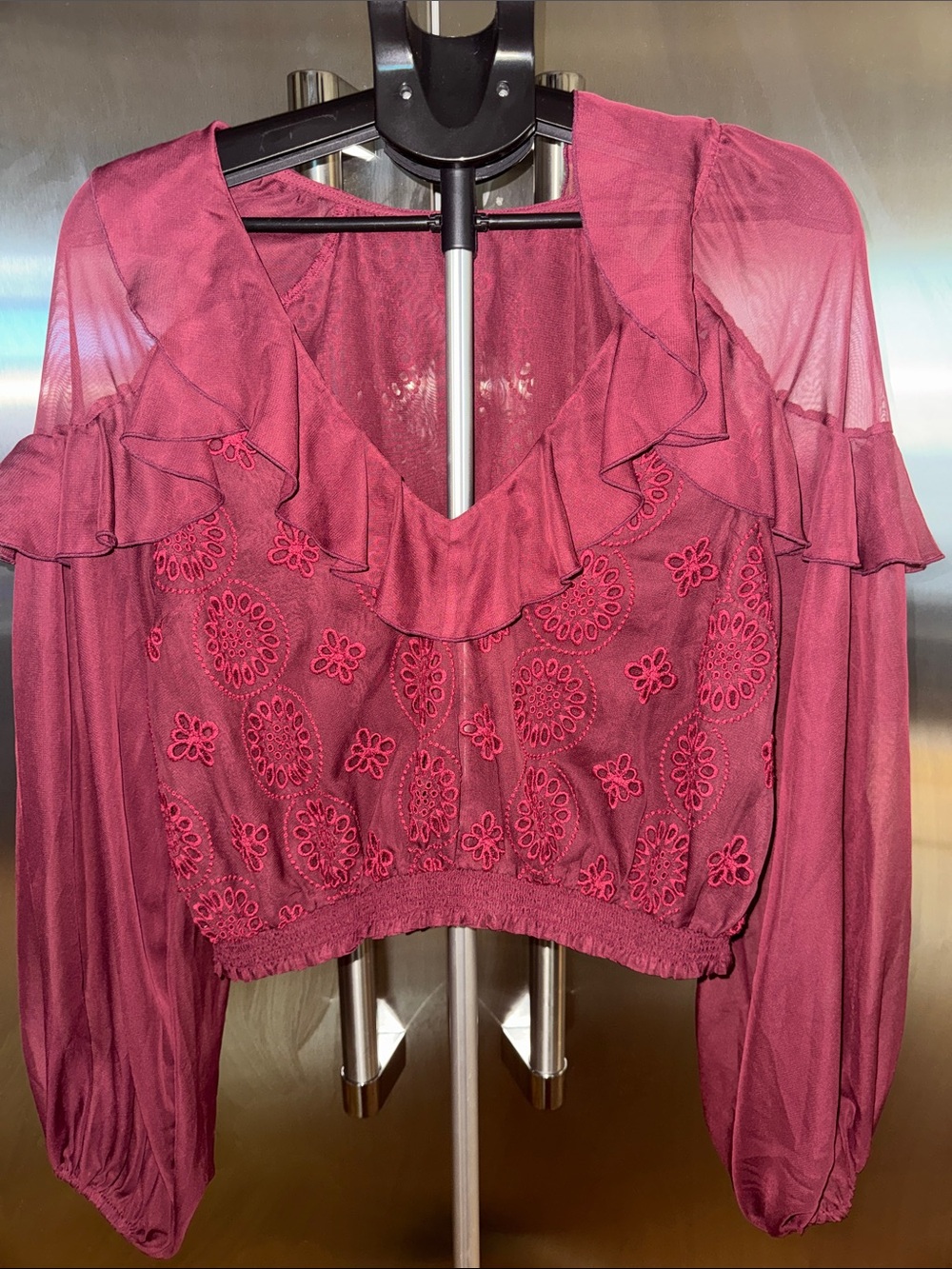 Women’s Ruffled V-Neck Embroidered Blouse - Burgundy